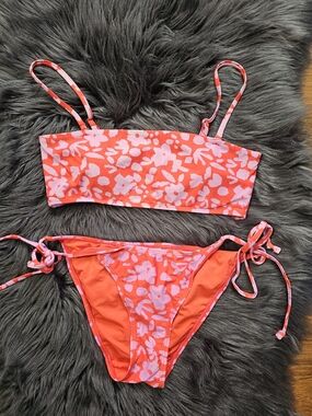 Islander Coral and Light Pink Floral Bandeau Bikini